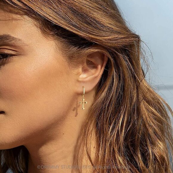 14k Gold Plated  Cross Small Huggie Hoop Earrings - Picture 4 of 6